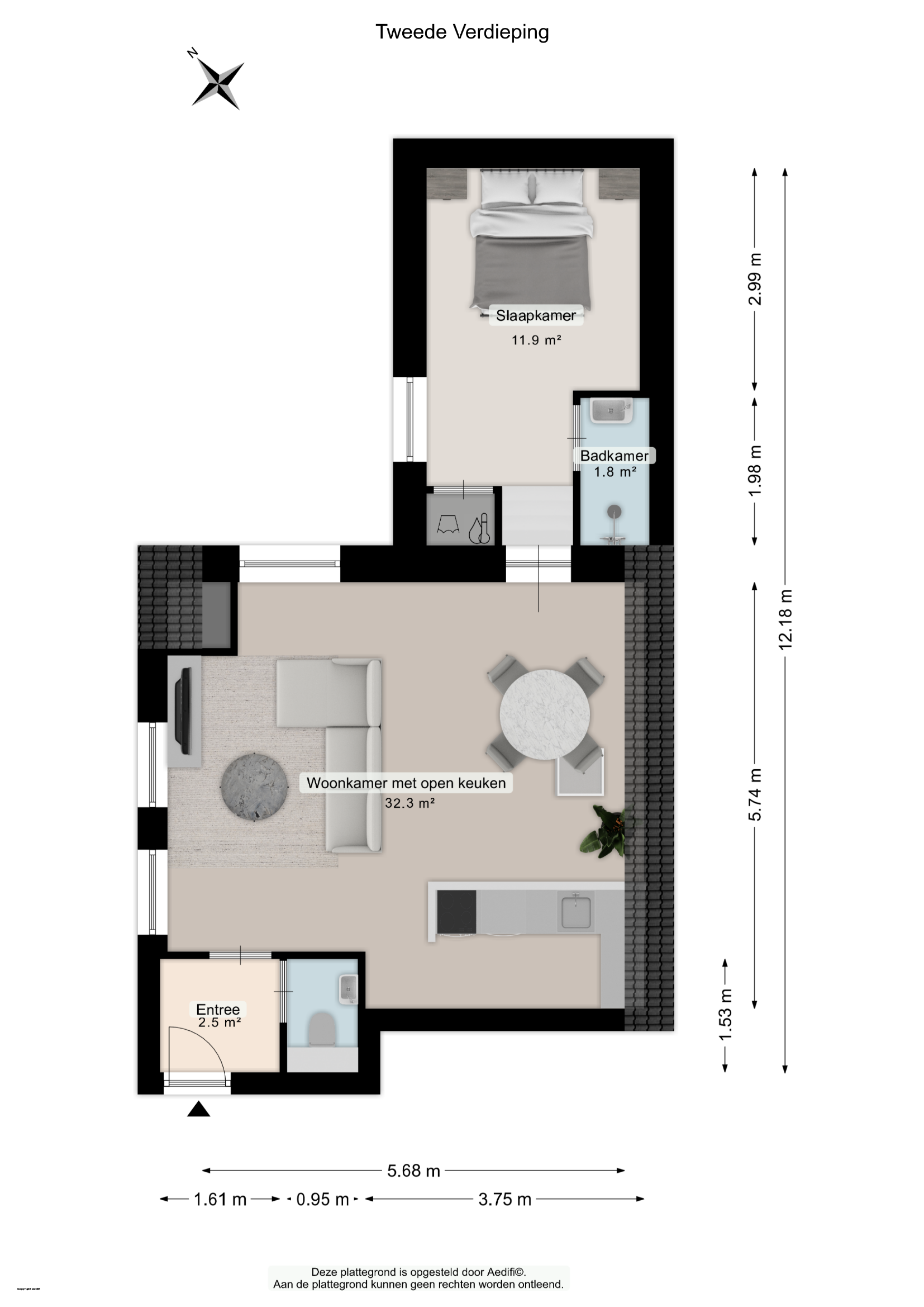 Floor plan of Nieuwe Boteringestraat 23-F on the second floor with living room, open kitchen, bedroom, bathroom, toilet, and entrance